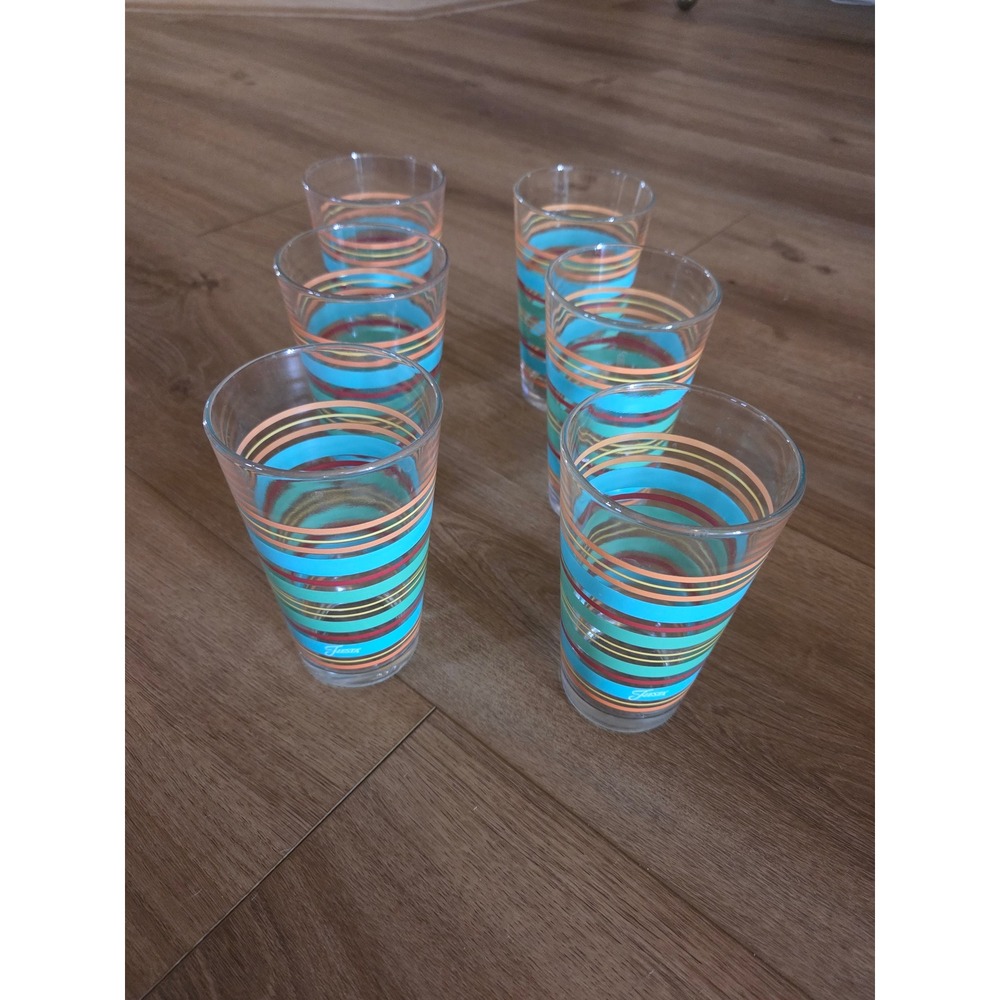 Fiesta Multi Color Striped Glass Tumblers Set of 6 Water Glasses Retro MCM